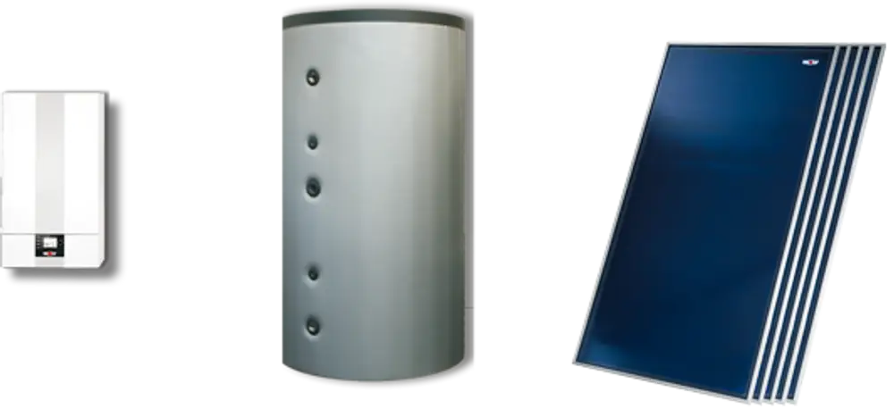 Wolf Hybrid-Paket mit einem weißen Kessel, einem runden Speicher und fünf Solarkollektoren für die Wärmegewinnung. Alle Komponenten für eine effiziente Energieerzeugung.